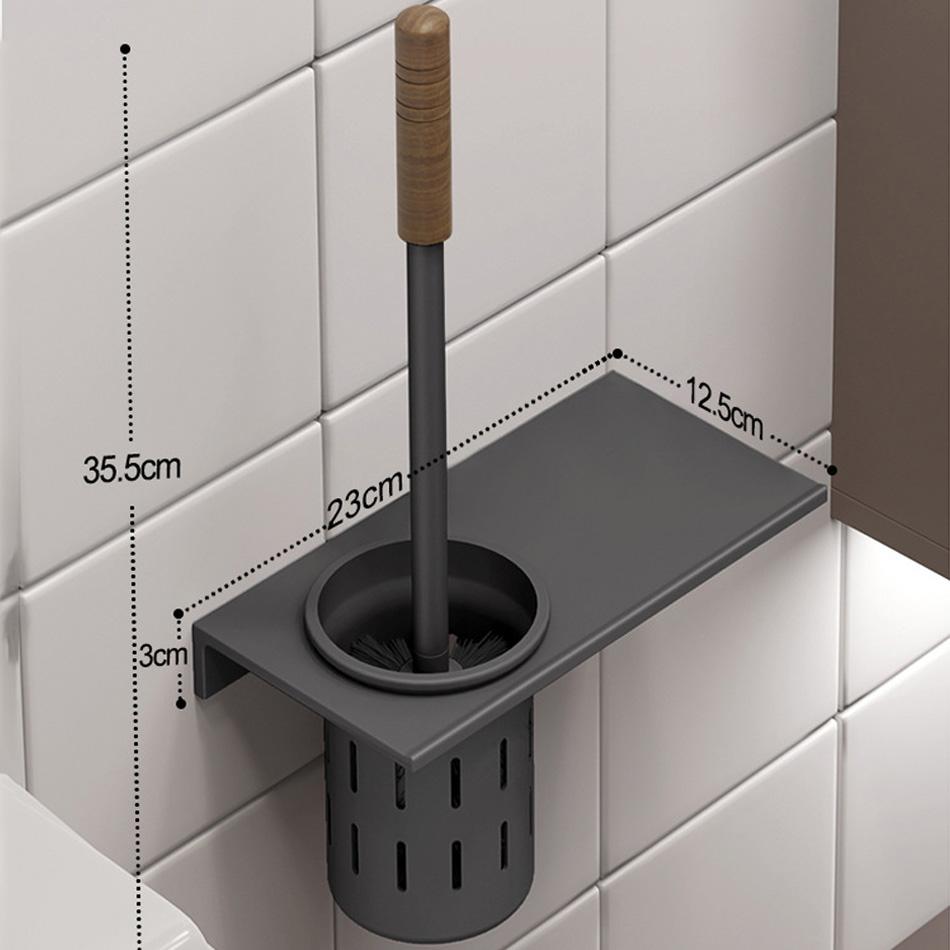 Walnut Toilet Brush Holder Set Wood Handle Wall Mounted Grey Gold Black White Aluminum Cup WC Brush Rack Kit with Storage Shelf