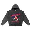 DTG Print Knitted Denim Zip-Up Hoodie Cherry Chaser Brother Print Zipper Hoodies  