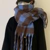 Women Scarf Plaid Pattern Cashmere Feel Plush Scarf with Tassel Decoration Travel Sweater Coat Accessory