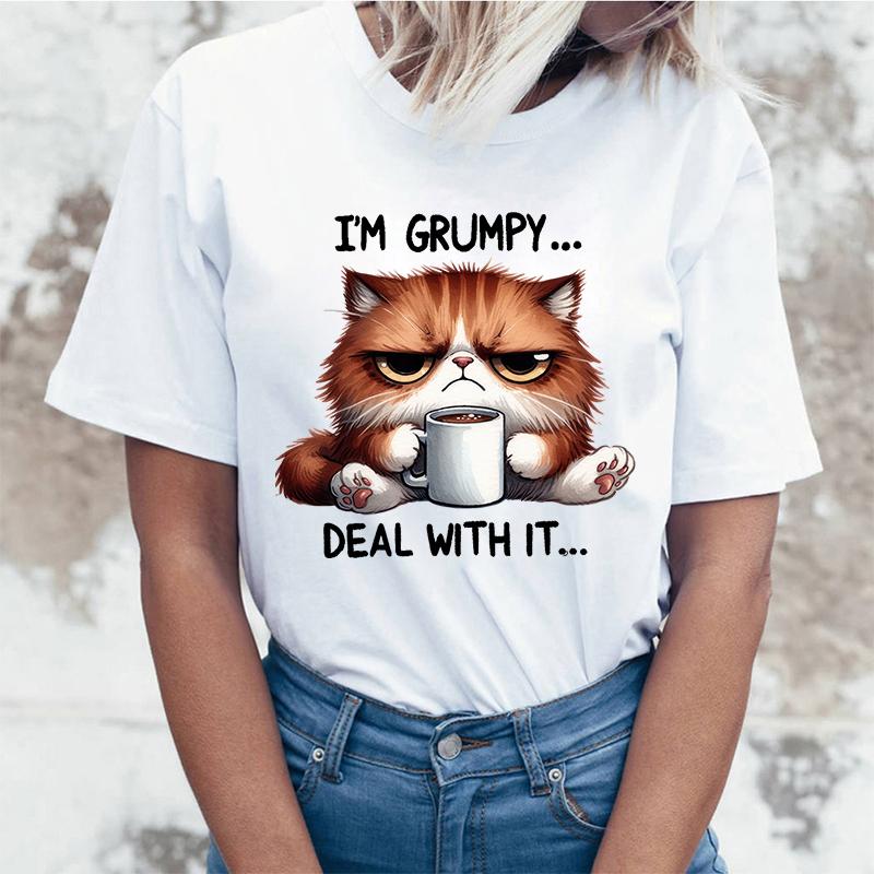 New Funny Cat IM Grumpy Deal with Is TShirt Short Sleeve O Neck Summer Casual Letter Printing Women TShirt Aesthetic Top Tee
