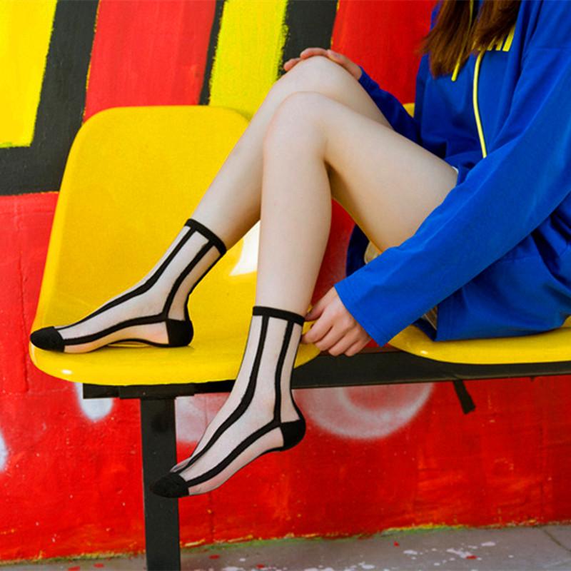 1 Pair Women Socks Summer 15 Styles Harajuku Thin Transparent Sock Striped Plaid Dots Breathable Funny Socks Casual Ankle Socks