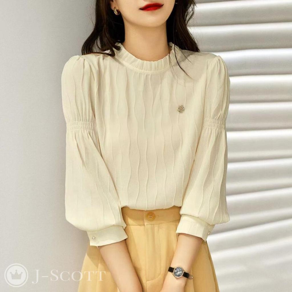 Блузка J-Scott с принтом волны и мини-брошью, текстурированная ткань, воротник с рюшами, длинные рукава, белый (JS68-WH-2XL)