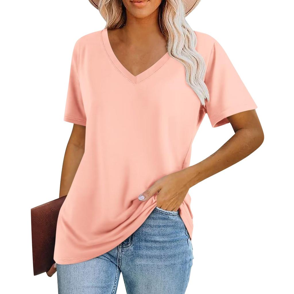 Women's Fashion V-Neck Classic Loose Solid Color Casual Short Sleeve T-Shirt