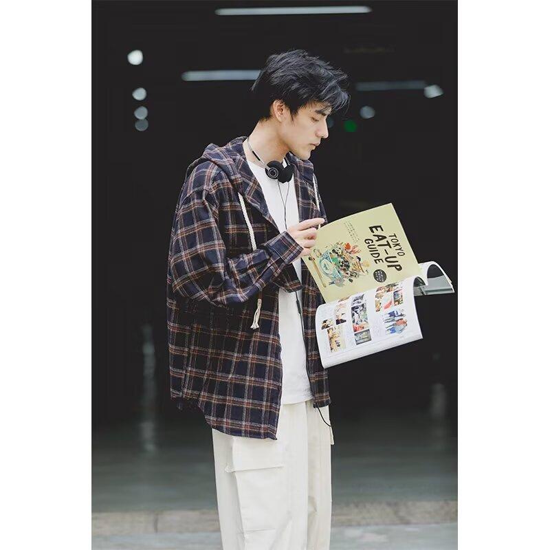 Рубашка в стиле ретро в японском стиле для осени, мужская коричневая, клетчатая одежда для мальчиков, подростковая рубашка с капюшоном и длинным рукавом