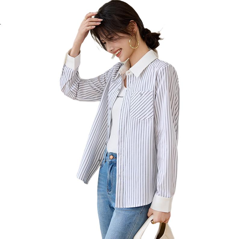 Taxiang Long-Sleeve Shirt for Women, Spring And Autumn Versatile Vertical Striped Blouse, Casual Shirt Jacket, Ladies' Top Cardigan T51S065