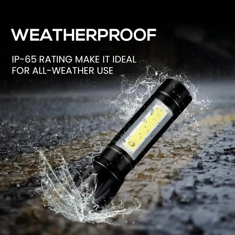 Mini Zoomable LED Flashlight with XPE and COB Side Light USB Rechargeable, Waterproof, High Power Torch for Outdoor, Camping, Emergency Use