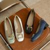 Leather Thick Heel Low Heel Single Shoes Femininity Square Head Versatile Fashion Woven Metal Square Buckle One Pedal Soft Sole Women's Shoes