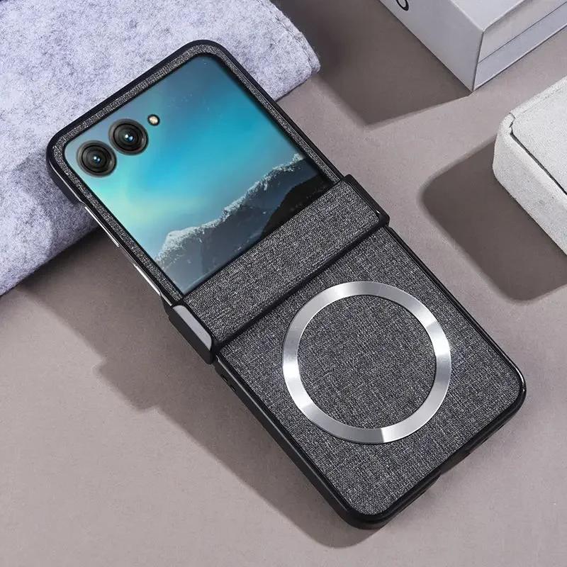 Роскошный магнитный чехол-шарнир для беспроводной зарядки Magsafe для Motorola Moto Razr 60 50 Ultra 25, тканевая текстура, жесткий противоударный чехол