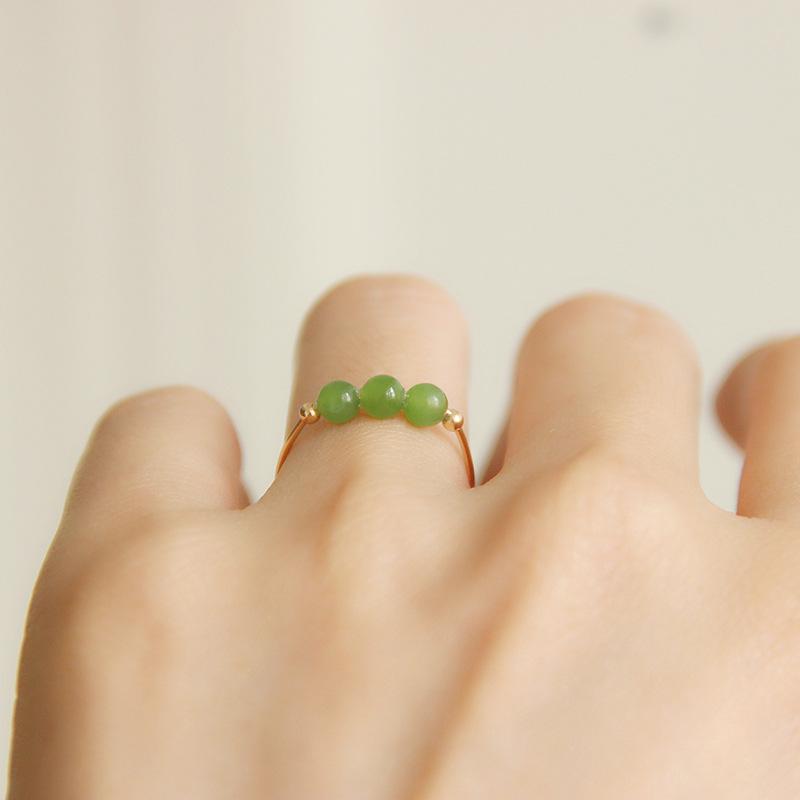 Chinese Jade Round Bead Index Finger Ring Guochao Ethnic Style Retro Gold Three Hetian Jade Ring With Adjustable Opening