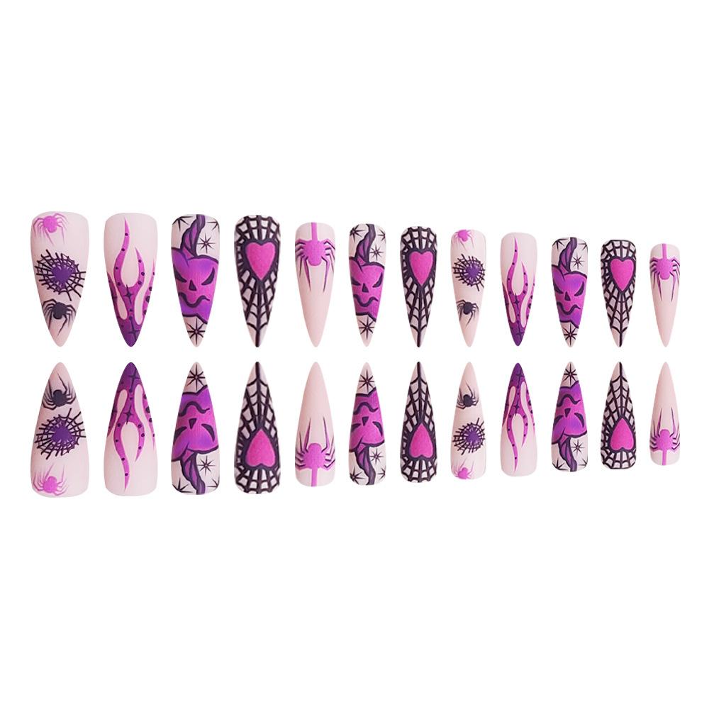 24pcs Press On Nails Halloween Long Spiked Nails Spider Web Purple Heart Cool Purple Halloween Elements False Nails