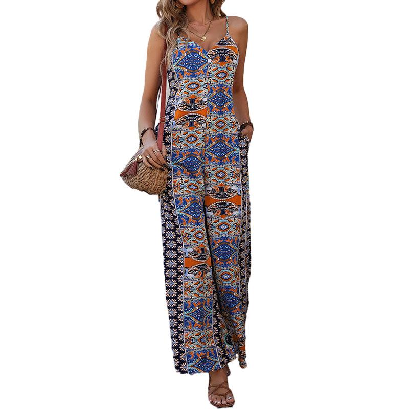 Летний женский комбинезон с открытой спиной и принтом на шее, широкий комбинезон в этническом стиле