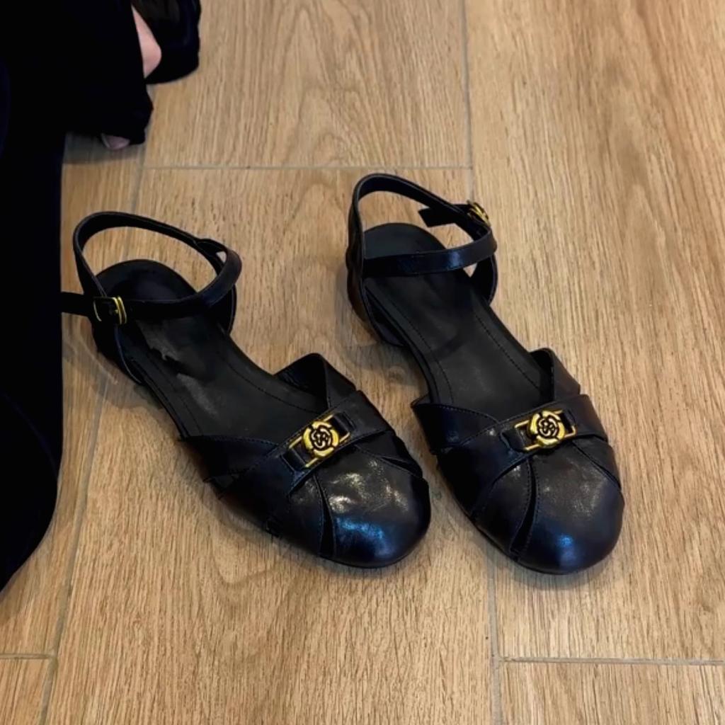 Sheepskin Version~ Camellia Hollow Breathable Roman Shoes Women's Summer Wear Leather Bag Head Shoes Retro Word with Sandals
