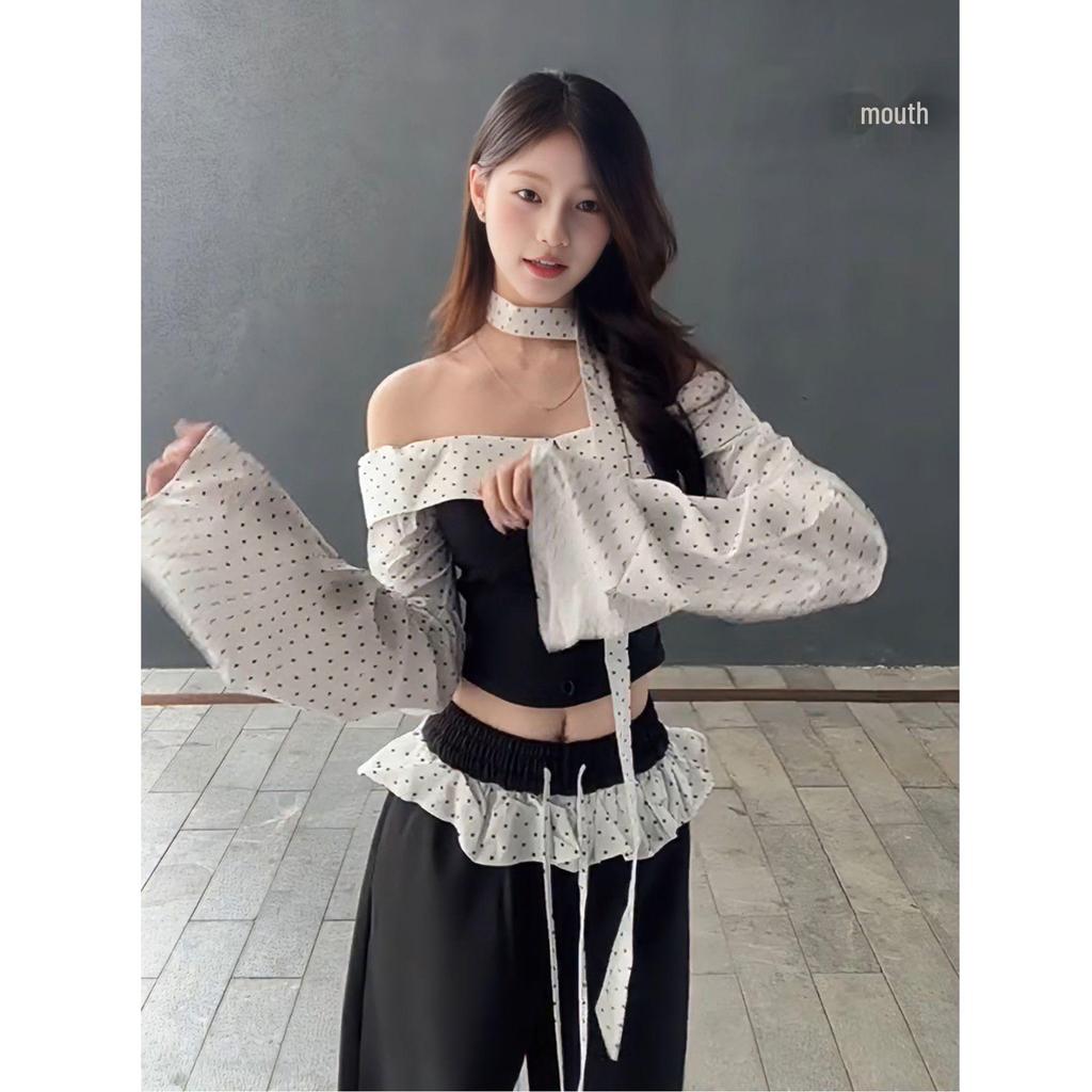 Шикарная французская женская рубашка в горошек с открытыми плечами, приталенная, с длинным рукавом, для осени/зимы