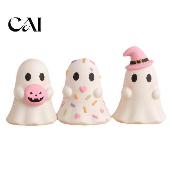 Witch Hat Ghost Figure Cute Halloween Resin Figurine, Candy Pumpkin Small Statue Desk Decor for Girls, Pink White Kawaii Tabletop Ornament Figurine