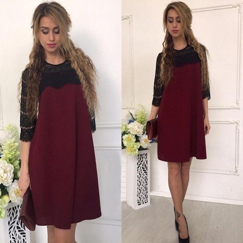 Elegant Women Pure Color Hollow Out Lace Splicing Dress For Stylish Occasions