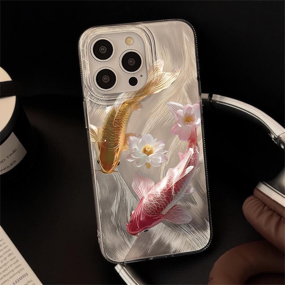Чехол для телефона с узором «Карп на удачу» для iPhone 17 Pro 15 16 14 13 12 11 Pro Max 17e 16e 8 7 Plus XR XS X Серебристый Мягкий Ударопрочный Чехол