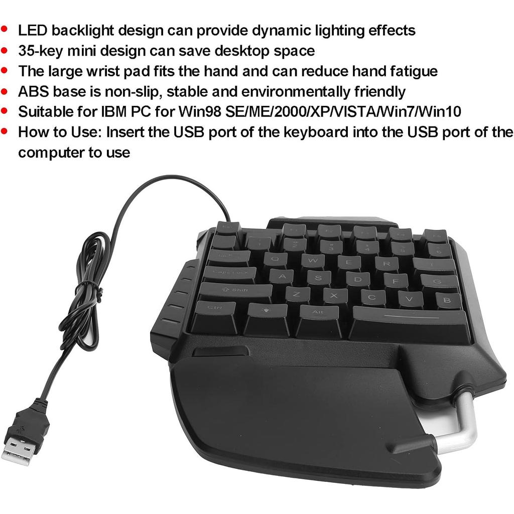 Onehanded Keyboard 35 Key USB Wired Portable Mechanical Gaming Keypad with LED Backlight Equipped with a Wide Wrist Pad
