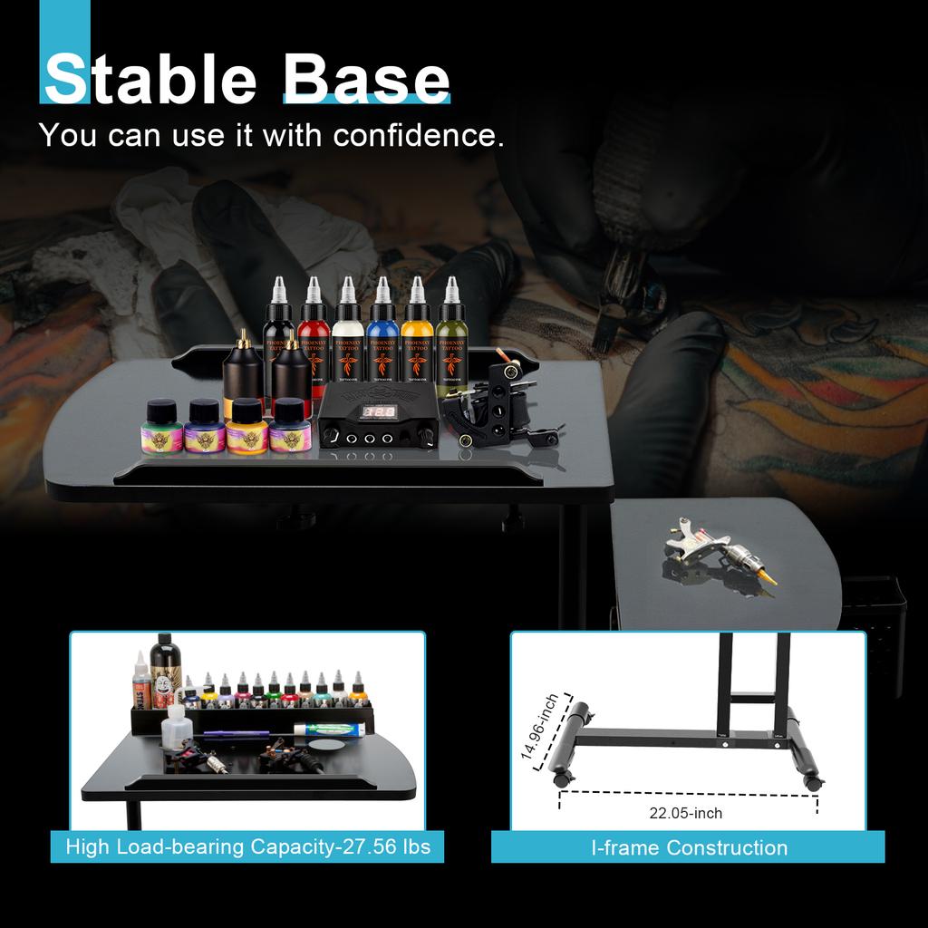 Adjustable Tattoo Desk with Wheels, Heavy-Duty Mobile Workbench Station for Tattoo Artist, Home Studio & Beauty Salon