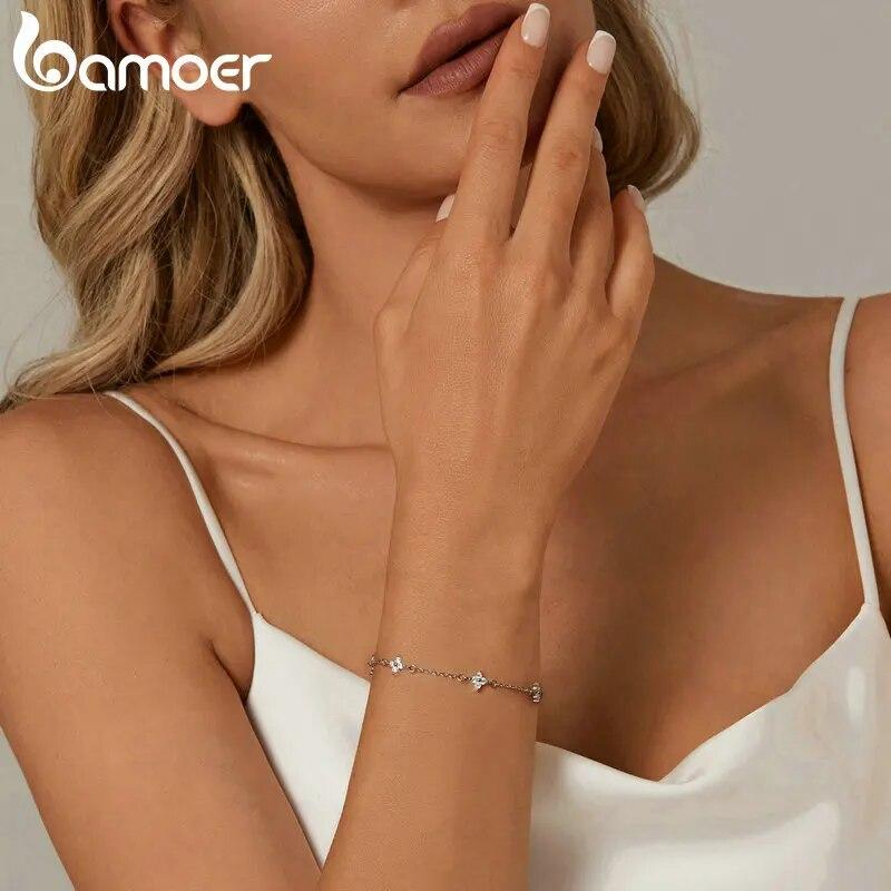 Браслет BAMOER из стерлингового серебра 925 пробы, браслет из белого золота с блестящим цирконом и цветком для женщин и девочек, классический темперамент, изысканные ювелирные изделия, подарки