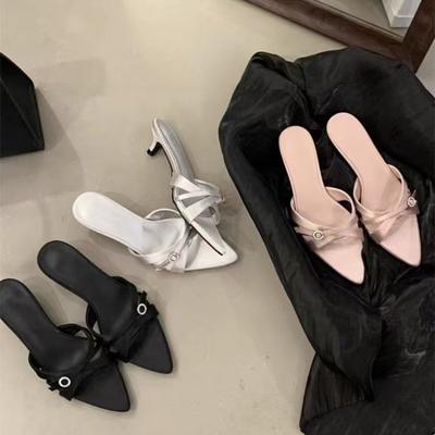 Новый стиль Туфли-лодочки с острым носком и низким каблуком Женская обувь Слипоны Неглубокие Модные Туфли с бантиком-бабочкой Женские Туфли на тонком каблуке Слайды