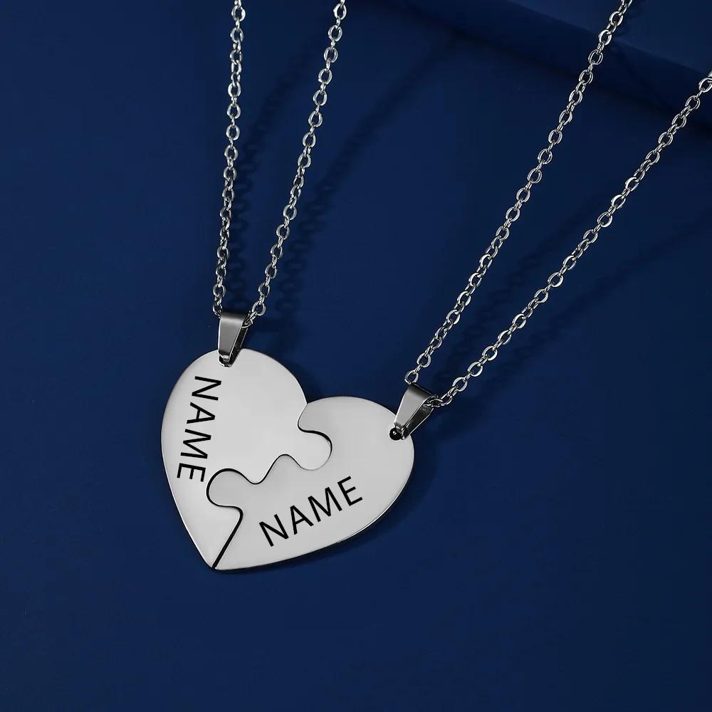 Teamer Engraved Name Heart Puzzles Pendant Necklace Custom Name Stainless Steel Necklace Valentine New Year Family Friend Gift
