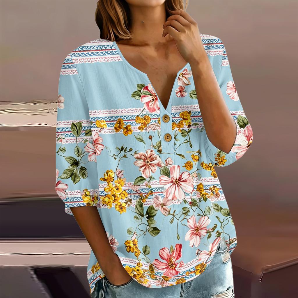 Женская блузка-henley с цветочным принтом, пуговицами на воротнике, рукавом три четверти, из хлопка и льна, повседневная, свободного кроя