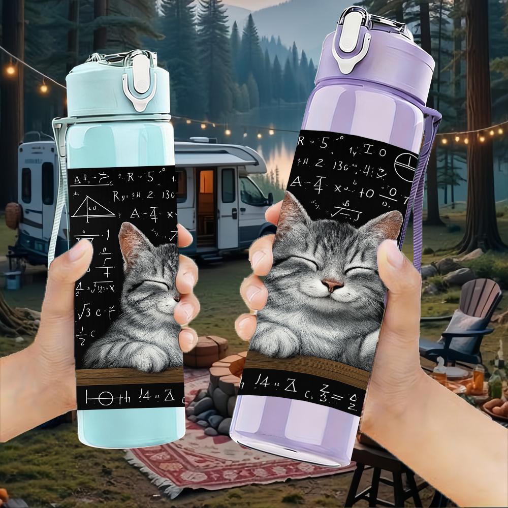 1PC Grey Cat Blackboard Scene 750ml Color Plastic Sports Water Bottle Leakproof Flip Straw Lid For Sports Office Home Use