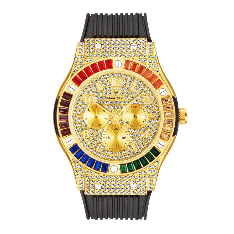 44mm Men's Watch Waterproof Rainbow Diamond Case Luxury Gold Quartz Watches For Male Week Day Display Rubber Strap Hand Clock