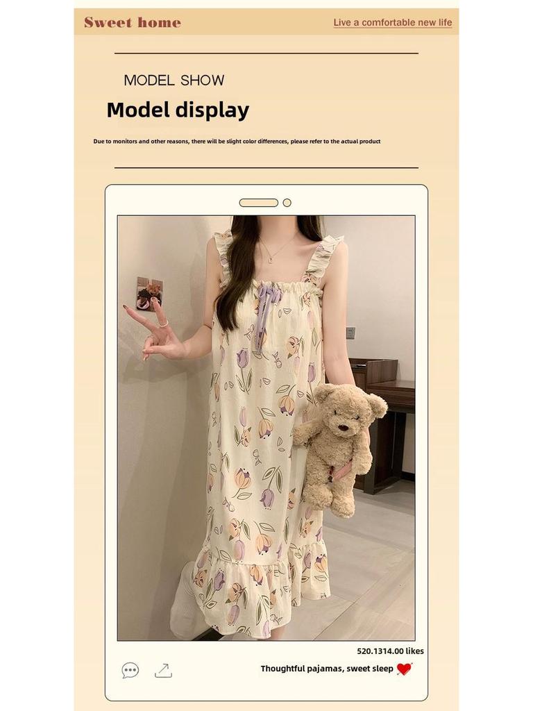 Women's Summer Pajamas - Cute Sweet Sling with Chest Pads, Medium/Long Loose Nightdress, Thin Home Wear