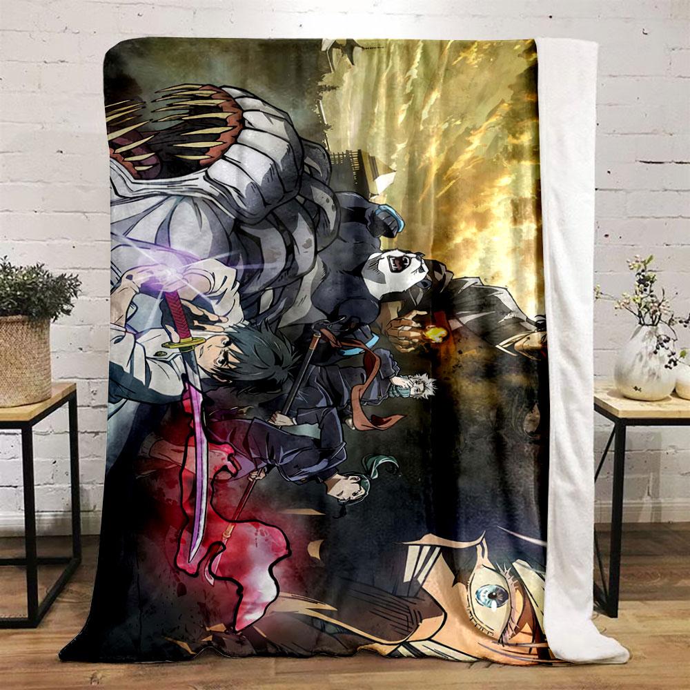 Action-packed anime scene with characters battling amidst a dramatic sky. for all seasons blanket lunch break throw gift