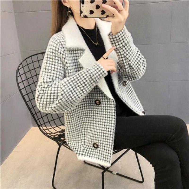 Cashmere Knitted Cardigan Coat Small Double Breasted Plaid Short Coat New Height and Thickness