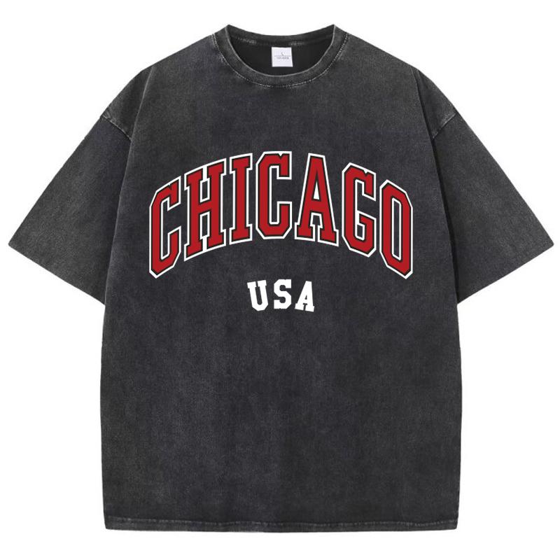 Women'S Cotton Washed T-Shirts All-Math Distressed Loose Tops Chicago Usa Printing Short Sleeve Summer Street Female Clothes