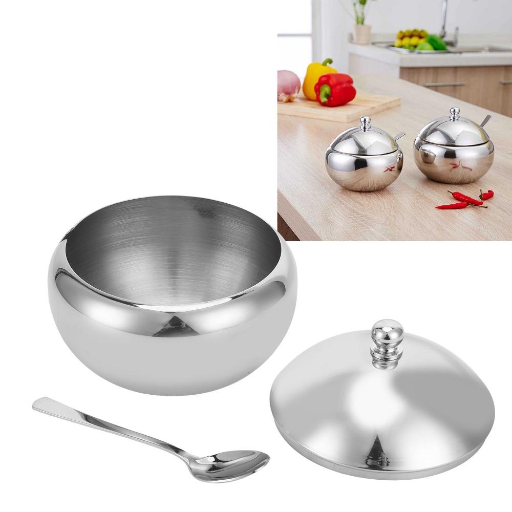 304 Stainless Steel Sugar Bowl with Lid and Spoon Spice Jar Storage Jar  Restaurant