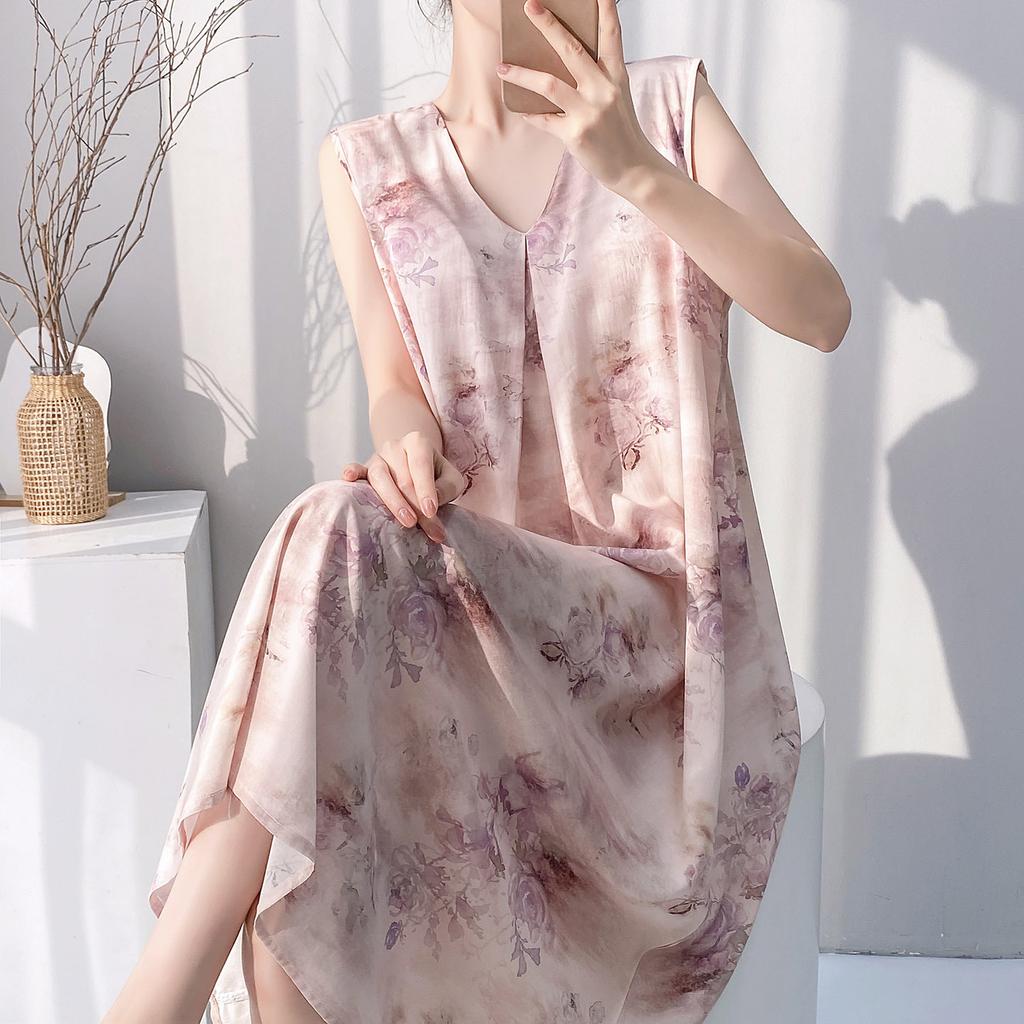 Retro style floral nightdress with chest pad women's summer thin anti-bumping loose large size can be worn outside loungewear skirt