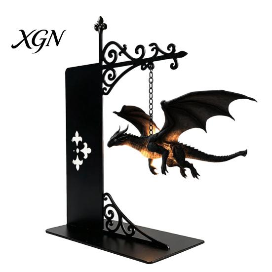 European Style Vintage Ornament Fantasy Dragon Bookshelf Lamp, Retro Flying Light, Iron Hanging Light Creative Bookend for Library Reading