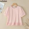 Summer Womens O Neck Puff Sleeve Solid Casual Ruffled Hem Blouse Tops