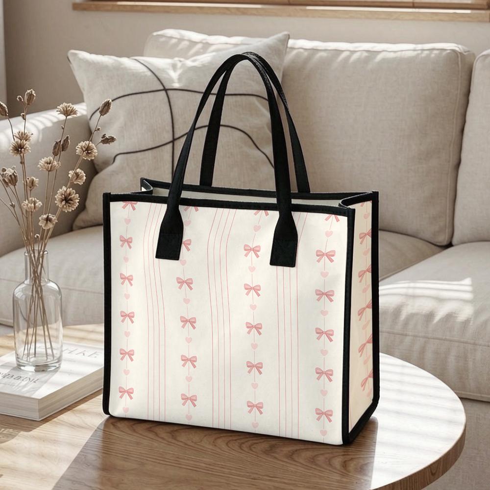 Sweet Pink Bow Printed Tote Bag Fashion Daily Use Casual Shoulder Bag for Women Shopping Travel Lightweight Carryall Purse