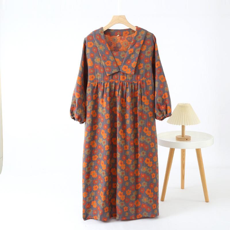 New Japanese Women's Spring and Summer Nightgown 100% Cotton Large Flower Skirt Simple Large Size Retro Home Dress