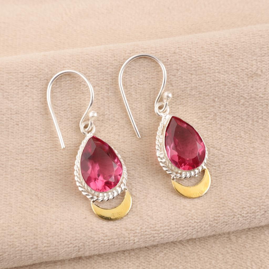 Pink Tourmaline Gemstone 925 Solid Silver Handmade Jewelry Dangle Earrings 1.5" EE-162-5