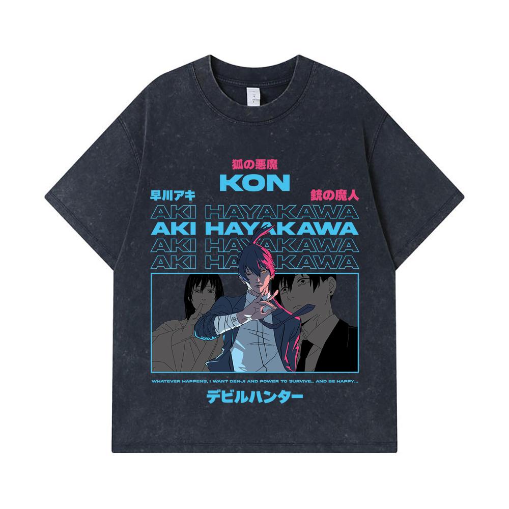 275 GSM Washed T-shirts 100% Cotton Chainsaw Man V38 Aki Print Unisex Heavy Cotton T Shirt
