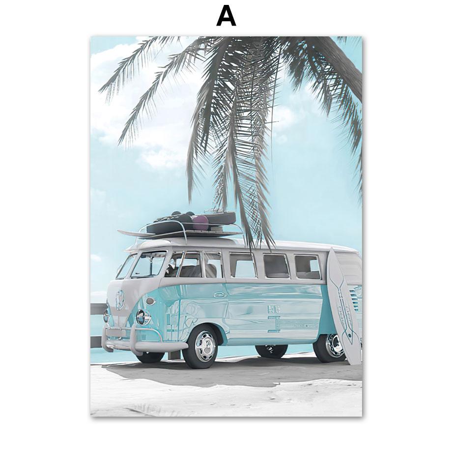 Пляжная доска для серфинга, фургон, пальмовый лист, волна, кокос, настенная живопись, холст, картина, фламинго, плакат на скандинавскую тему, настенные панно, Декор в гостиную