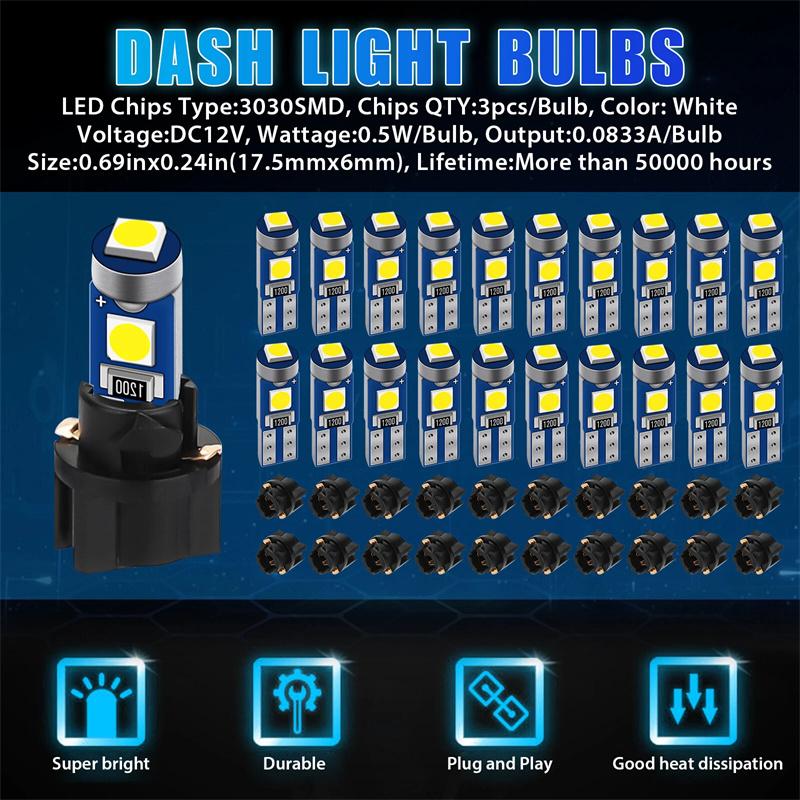 20Pcs Car Dashboard Instrument Panel Lamp Bulb 12V Canbus T5 58 74 286 W1.2W 3030 LED 3SMD Wedge LED Light