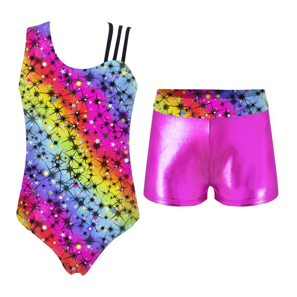 Детский купальник с асимметричными бретелями для девочек и шортами с принтом для гимнастических занятий йогой, танцевальными видами спорта