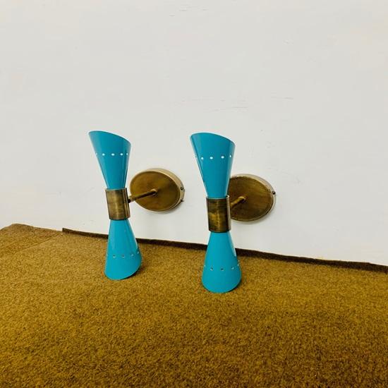 1950's Mid Century Brass Italian Diabolo Wall Sconce Light Fixture 2 Bulb Pair Wall Fixture Lamp