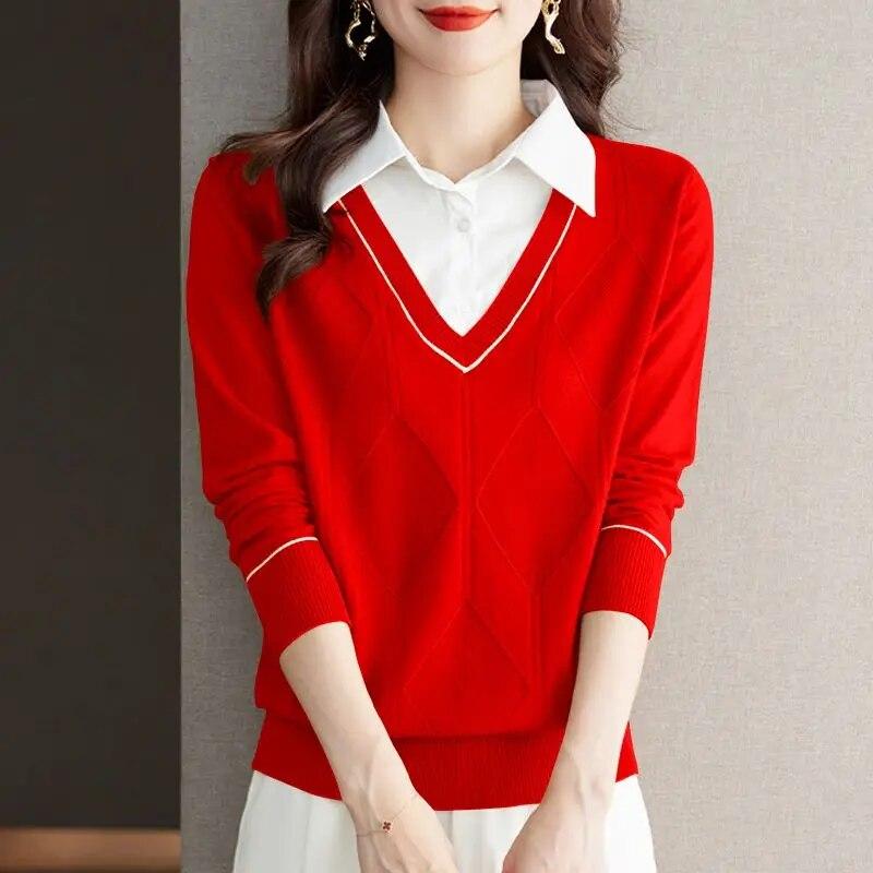 Поддельный вязаный топ из двух предметов, женский весенне-осенний новый трикотаж с отложным воротником и длинными рукавами, свободный свитер с рубашечным воротником