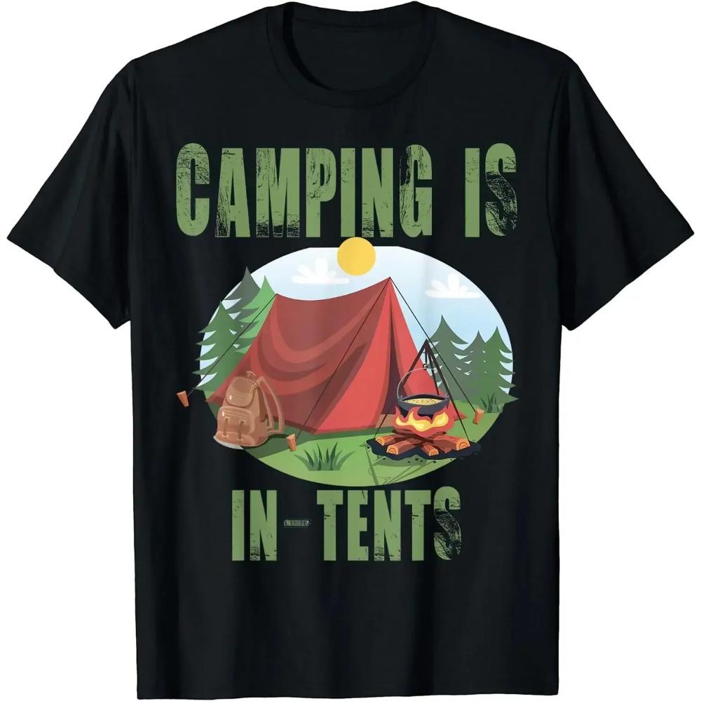 Футболка Camping Is In Tents Смешной подарок для счастливого туриста Футболка Повседневная Хлопковая На каждый день Четыре сезона Футболки с графикой
