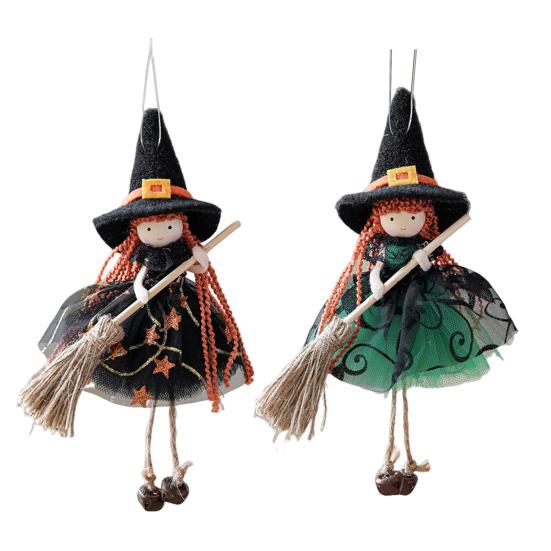 Halloween Witch Doll Decor with Broom Small Witch Figurine with Gauze Skirt Kitchen Hanging Witch Ornament for Room Door Window Halloween Decor