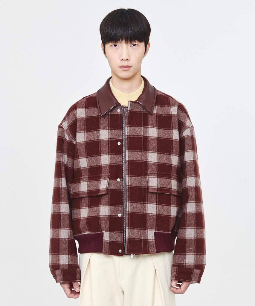 Afterpray Leather Collar Check Wool Blouson Burgundy