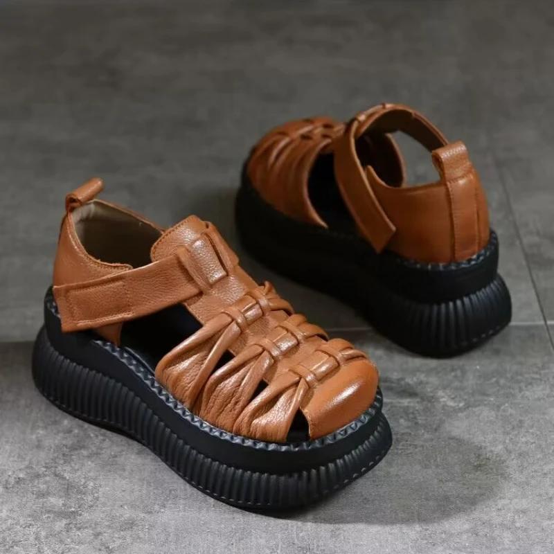 2024 Новая мода ретро летняя обувь женские босоножки на танкетке ручной работы из натуральной кожи полые повседневные сандалии женские черные