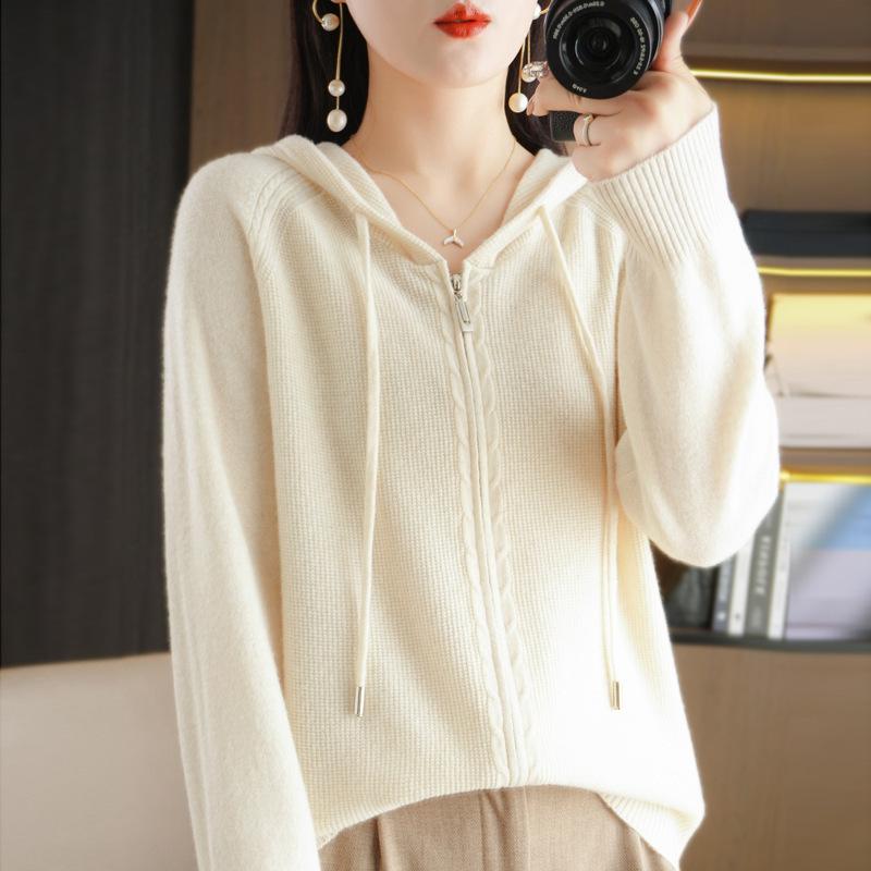 Модный кардиган с капюшоном на молнии для женщин, однотонный свитер на осень и зиму, повседневный универсальный свитер, трикотаж